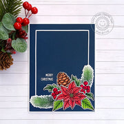 Clean & Simple Navy Poinsettia, pinecone, and holly Holiday Card with a small heat-embossed "Merry Christmas" greeting.