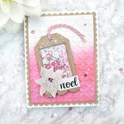 Vellum Poinsettia Holiday Christmas Card Shaker Tag on Pink Embossed Background with Scalloped Kraft Mat.