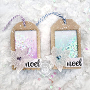 Shaker window Christmas holiday kraft gift tags filled with iridescent pastel confetti & decorated with vellum poinsettias.