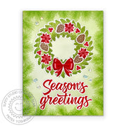 Season's Greetings Red & Green Christmas Card featuring Holiday Wreath with Poinsettias, pinecones, berries, and red bow.