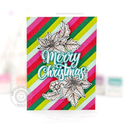 "Merry Christmas" bold and bright diagonal striped elegant poinsettia holiday card sample by Kavya.