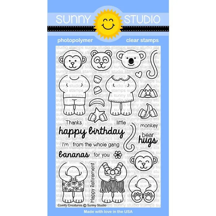 Sunny Studio Stamps Comfy Creatures 4x6 Monkey, Koala & Panda Bear Photo-Polymer Clear Stamp Set
