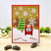 Sunny Studio Kitty Cat on Red Chair with Holiday Tree & Snowflakes Card using Cozy Christmas 4x6 Clear Stamps