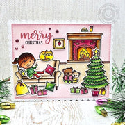 Sunny Studio Girl & Cat Sitting on Sofa, Fireplace & Holiday Tree Living Room Scene Card using Cozy Christmas Clear Stamps