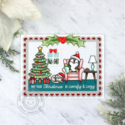 Sunny Studio Penguin in Armchair with Cat & Holiday Tree Living Room Scene Scalloped Card using Cozy Christmas Clear Stamps