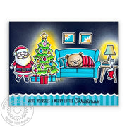 Sunny Studio Santa Claus with Bear Sleeping on Sofa Christmas Eve Holiday Scene Card using Cozy Christmas Clear Stamps