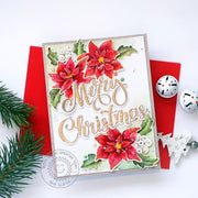 Sunny Studio Watercolor Poinsettia & Holly Merry Christmas Holiday Card by Isha Gupta using Season's Greetings Clear Stamps