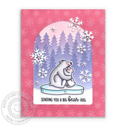 Sunny Studio Stamps Pink Snowflake Bear Hugs with Arch & Lavender Trees Winter Card using Forest Trees 6" Stencils Trio Set