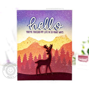 Sunny Studio Stamps Hello Fall Deer with Mountains & Fir Trees CAS Card using Forest Trees 6" Layering Stencils