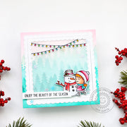 Sunny Studio Girl with Winter Snowman & String of Lights Pastel Holiday Christmas Card using Forest Trees 6" Layered Stencils