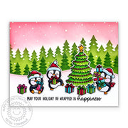 Sunny Studio Wrapped in Happiness Penguins with Holiday Tree & Gifts Christmas Card using Forest Trees 6" Layered Stencil