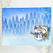 Sunny Studio Stamps Girl with Snowman Blue Winter Scene Holiday Christmas Card (using Forest Trees 6" Layered Stencils)