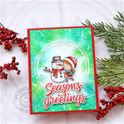 Sunny Studio Season's Greetings Girl with Snowman Holiday Tree Branches Christmas Card (using Holiday Greetings Clear Stamps)