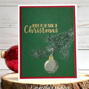 Sunny Studio Silver Glitter Embossed Ornament Hanging From Tree Branch Christmas Card using Holiday Style Clear Layering Stamps
