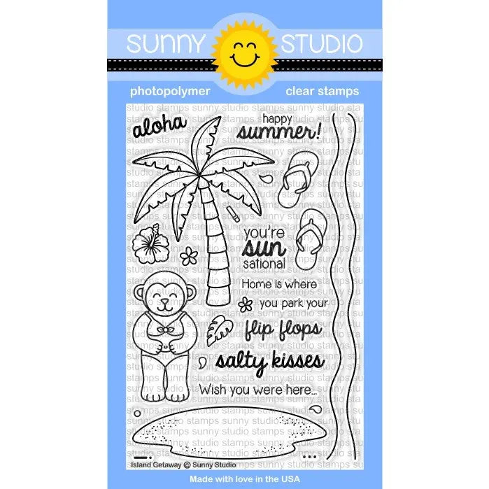 Sunny Studio Stamps Island Getaway 4x6 Monkey with Palm Tree & Flip Flops Photopolymer Clear Stamp Set