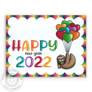 Sunny Studio Happy New Year 2022 Sloth Floating with Rainbow Heart Balloon Bouquet Card using Lazy Christmas 3x4 Clear Stamps