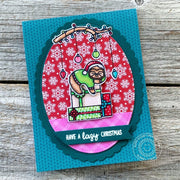 Sunny Studio Sloth on Stack of Gifts with Hanging Ornaments Holiday Card (using Lazy Christmas 3x4 Clear Stamps)