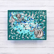 Sunny Studio Hanging Sloth Teal & Silver Glitter Holiday Shaker Christmas Card (using Lazy Christmas 3x4 Clear Stamps)