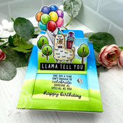 Sunny Studio Stamps Llama Tell You Alpaca Punny Pop-up Sliding Window Birthday Card (using Lovable Llama 2x3 Clear Stamps)