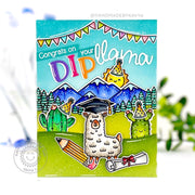 Sunny Studio Punny Llama Graduation Party Card with Mountain & Trees Border using Lovable Llama 2x3 Clear Stamps