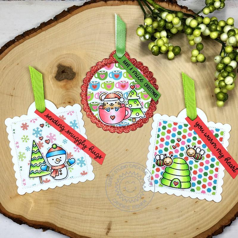 Sunny Studio Stamps Mouse in Mug Christmas Holiday Gift Tag by Candice Fisher (using stitched Scalloped Circle Tag Dies)