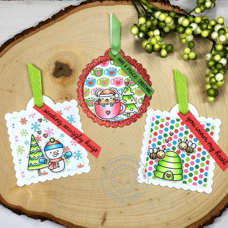Sunny Studio Stamps Snowman, Mouse & Honey Bee Christmas Holiday Gift Tag by Candice using stitched Scalloped Square Tag Dies