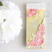 Sunny Studio Yellow Peony Eyelet Lace Handmade Spring Easter Slimline Card by Candice Fisher using Pink Peonies Clear Stamps