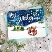 Sunny Studio Warm Winter Wishes Fox Mom & Baby Holiday Card with Fir Trees & Snowy Hills using Scenic Route Clear Stamps