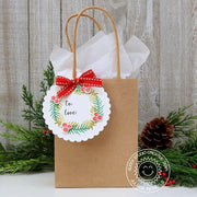 Sunny Studio Twigs & Berries Wreath Handmade Holiday Christmas Gift Tag by Juliana using Season's Greetings 4x6 Clear Stamps