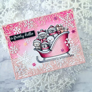 Sunny Studio A Frosty Hello Animals Piled Into Sleigh Pink Snowflake Holiday Card (using Sledding Critters 3x4 Clear Stamps)