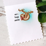 Sunny Studio Sloth Hanging From Tree Branch & String of Lights Scalloped Holiday Card (using Lazy Christmas 3x4 Clear Stamps)