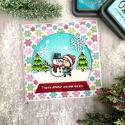 Sunny Studio Girl with Snowman Holiday Snowglobe Winter Snowflake Christmas Card (using Snow One Like You 2x3 Stamps)
