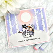 Sunny Studio Girl with Snowman, Birch Trees & Moon Pink Lavender Holiday Christmas Card using Snow One Like You Clear Stamps