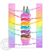 Sunny Studio 18th Birthday Candles Stacked Cupcake & Streamers Rainbow Pastel Card using Special Day 4x6 Clear Stamps