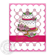 Sunny Studio Best Wishes Scalloped Eyelet Lace & Floral Peonies Wedding Cake Bridal Card using Special Day 4x6 Clear Stamps