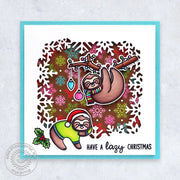 Sunny Studio Hanging Sloth Snowflake Frame Holiday Christmas Handmade Card (using Lazy Christmas 3x4 Clear Stamps)