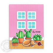 Sunny Studio Hi Friend Cat Sleeping in Front of Window with Cactus & Succulent Plant Card using Looking Sharp Clear Stamps