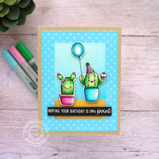 Sunny Studio Blue Polka-dot Cactus with Balloon Hoping Your Birthday is On Point Punny Card using Looking Sharp Clear Stamps