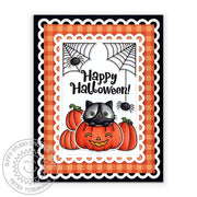 Sunny Studio Stamps Orange Checked Spider Web with Kitty Cat in Pumpkin Halloween Card using Critter Country 6x6 Paper Pad