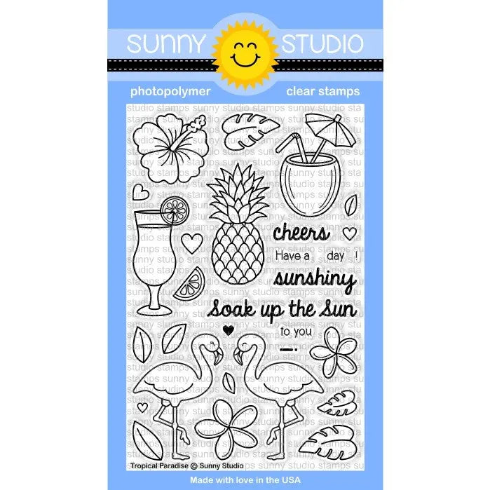 Sunny Studio Stamps Tropical Paradise 4x6 Pineapple, Flamingo & Coconut Drink Photopolymer Clear Stamp Set
