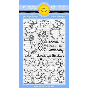 Sunny Studio Stamps Tropical Paradise 4x6 Pineapple, Flamingo & Coconut Drink Photopolymer Clear Stamp Set