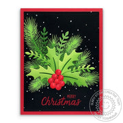 Sunny Studio Red, Green & Black Dot Holly & Berries Christmas Holiday Card (using Winter Greenery Metal Cutting Dies)