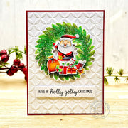 Holly Jolly Christmas Card featuring a holiday wreath with Santa Claus in the center & a Moroccan circle embossed background.