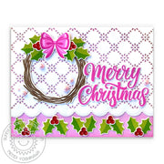 Christmas card featuring a holly-and-vine holiday wreath with a hot-pink bow and a die-cut, scalloped eyelet lace background.