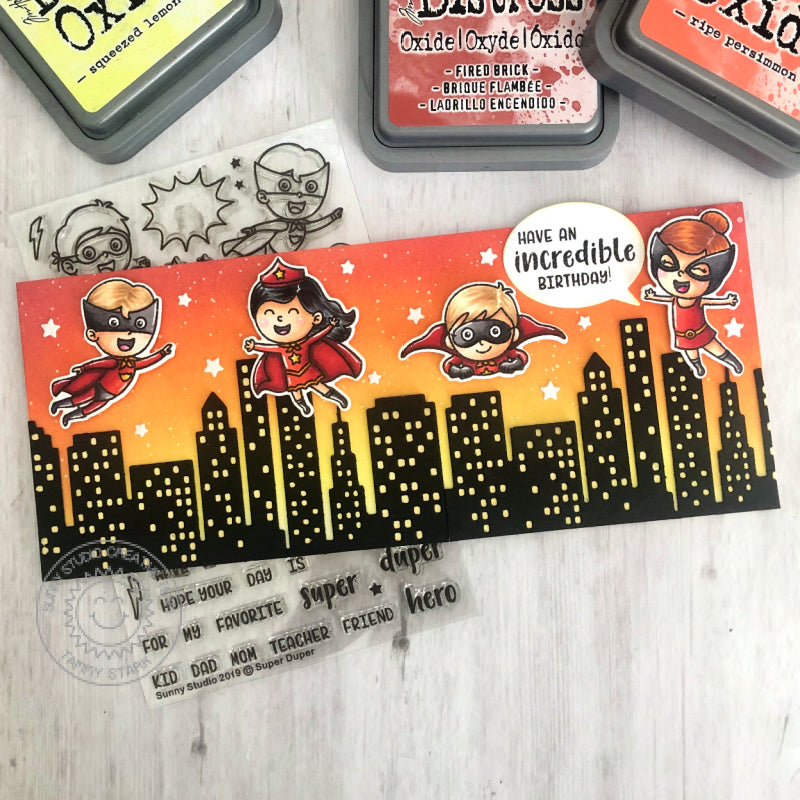 Sunny Studio Stamps Have An Incredible Birthday Superhero Super Hero Slimline Handmade Card with Thought Bubble (using Comic Strip Speech Bubbles Metal Cutting Dies)