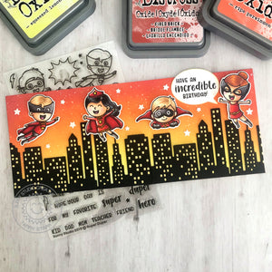 Sunny Studio Stamps Superheroes with City Buildings Slimline Birthday Card for Kids using Cityscape Border Metal Cutting Die