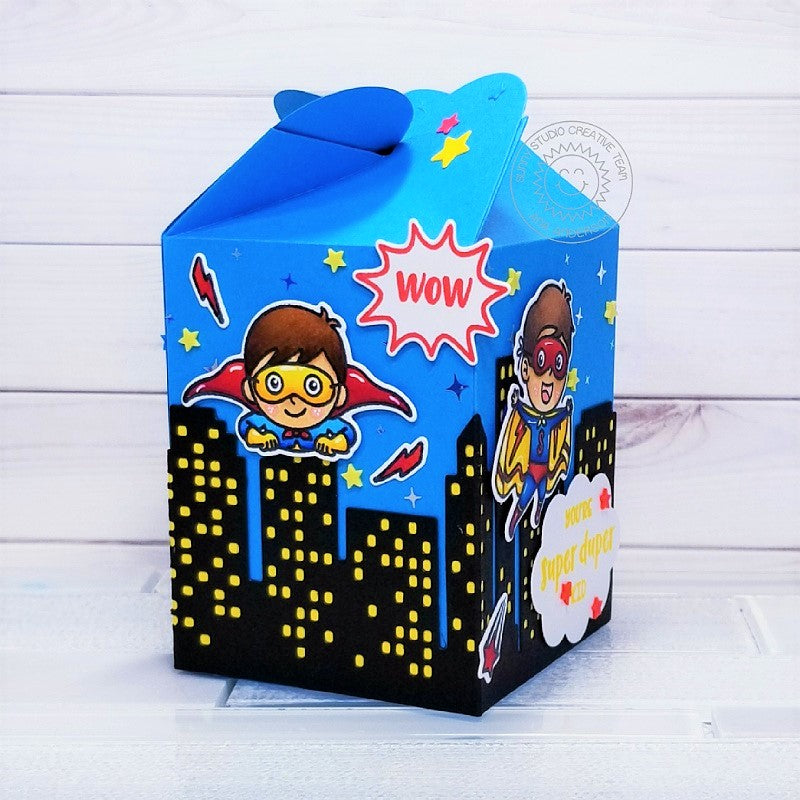 Sunny Studio Stamps Superhero Handmade Wrap Around Treat Gift Box by Ana Anderson using Cityscape City Buildings Border Die