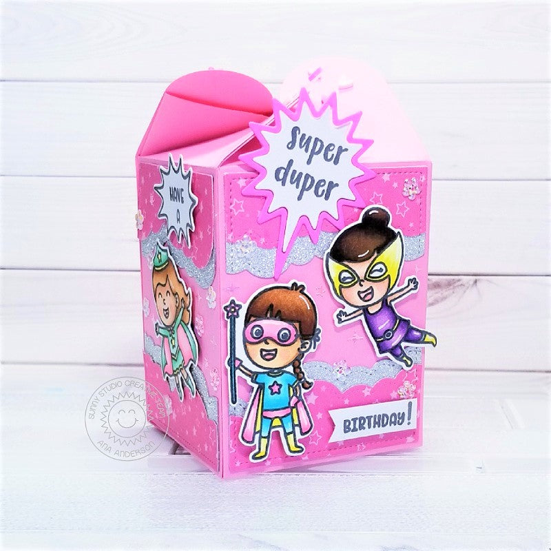 Sunny Studio Stamps Super Duper Girl Power Superhero Pink Birthday Treat Gift Box by Ana Anderson
