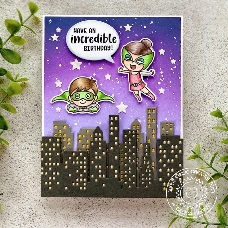Sunny Studio Stamps Super Duper Incredible Birthday Superhero Card with Purple Starry Sky City Card