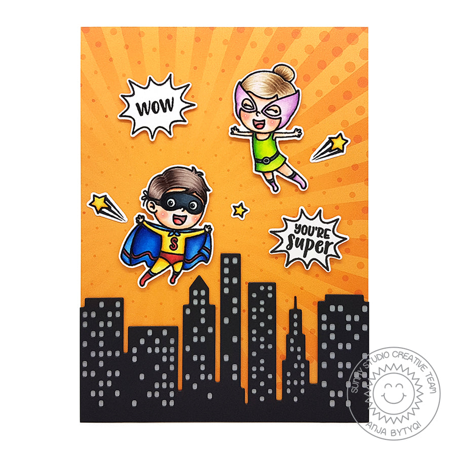 Sunny Studio Stamps Superhero Orange Sunburst Handmade Card by Anja (using Cityscape City Buildings Border Die)